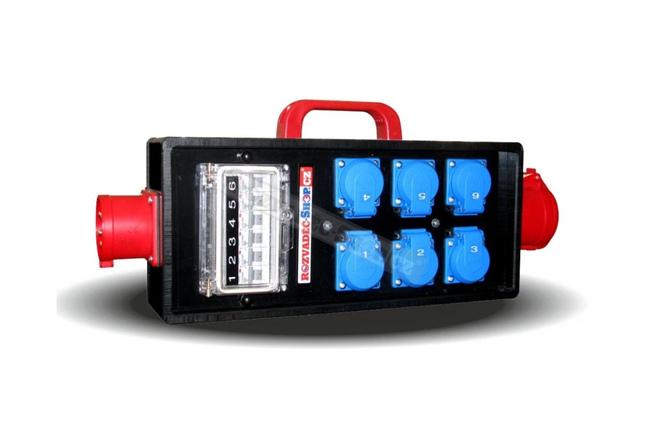 Product Rozvaděč 32A 5P (IN) na 1x 32A 5P (OUT) + 6x 230V 16A schuko (OUT) s pojistkami