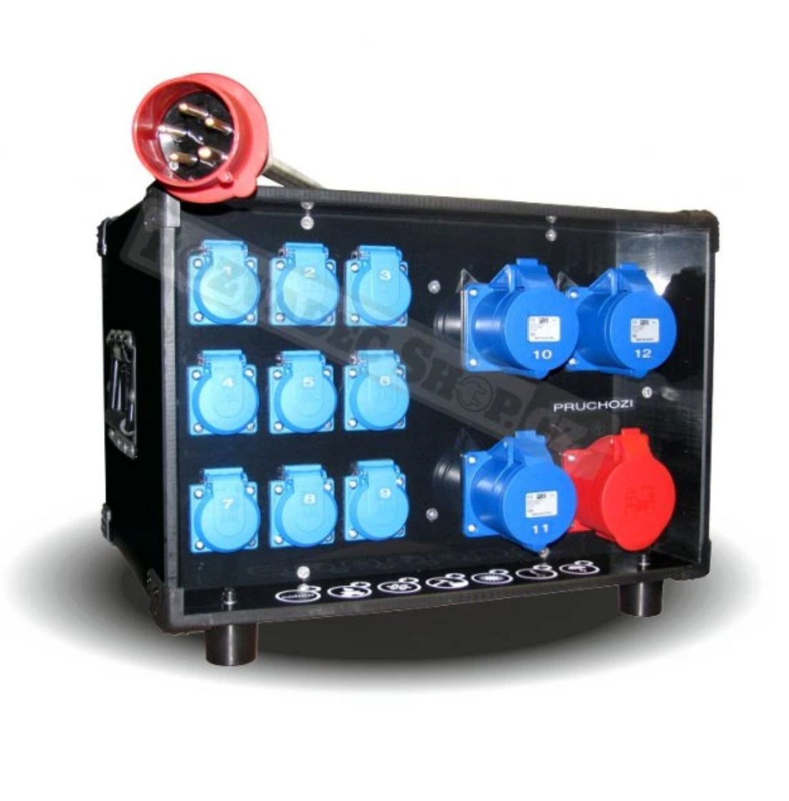 Product Rozvaděč 32A 5P (IN) na 1x 32A 5P (OUT) + 1x 32A 5P (OUT), 3x 32A 3P (OUT) 9x 230V 16A schuko (OUT) s pojistkami