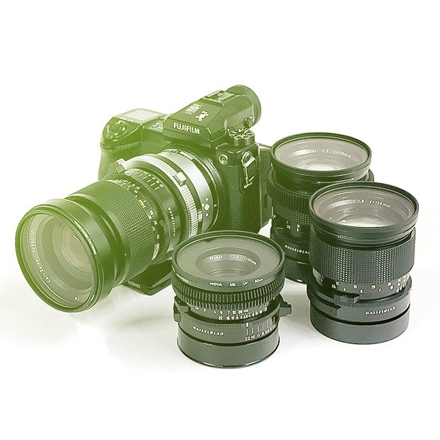 Medium format Set Fuji GFX100s + Hasselblad lenses (50mm f/2.8, 80mm f/2.8, 110mm f/2, 150mm f/2.8)